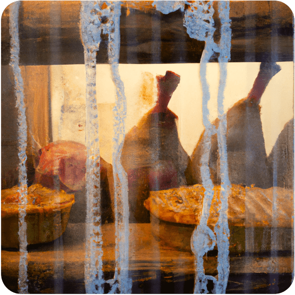 A wooden shelf with delicious pies, legs of lamb, and stews seen through a net curtain, 35mm