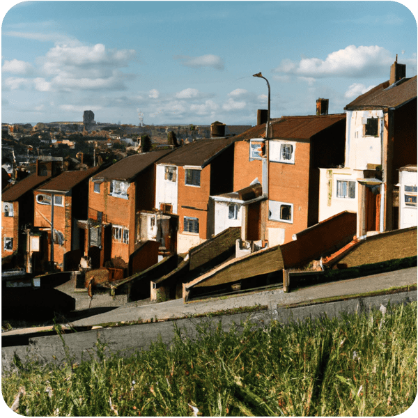 Scene from a memory about a row of terrace houses in working class Sheffield
