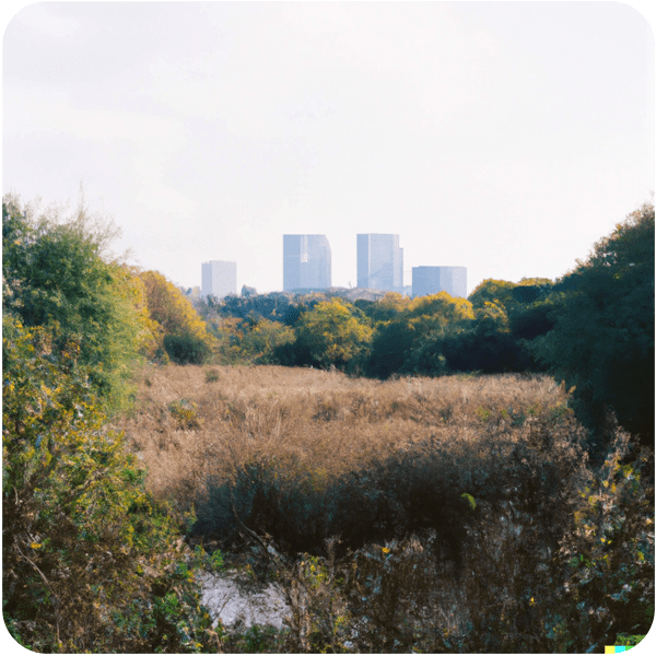 A peaceful nature reserve with high rise buildings in the distance, 35mm
