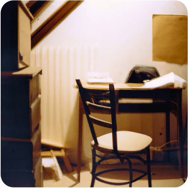 Scene from a memory about a wooden desk and chair in a small attic space