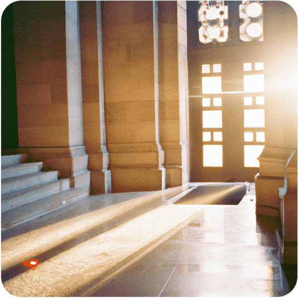 Romantic memory of entering a grand Fine Arts building, sun flooding through the windows