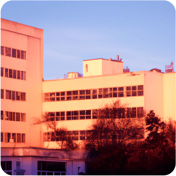 A fond memory of a hospital in Paris in 1991, seen in golden hour lighting, 35mm