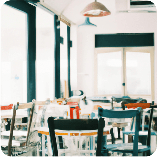 Long tables in an quaint empty cafe with a mixture of different chairs, 35mm