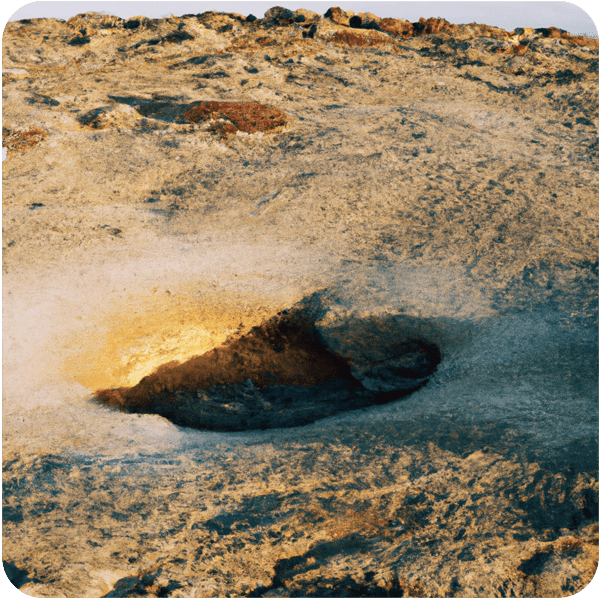 A miniscule crater with tiny steam vents on top of a volcano, seen in golden hour lighting