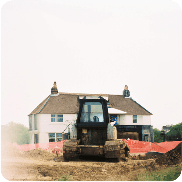 A single house standing on a muddy building site with JCBs seen through a summer haze, 35mm