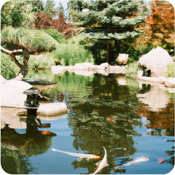 Beautiful Japanese garden with a pond full of koi carp on a summer’s day, 35mm