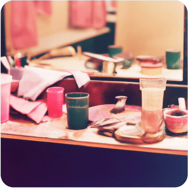Make up scattered all over a dressing table backstage in a theatre, 35mm photography