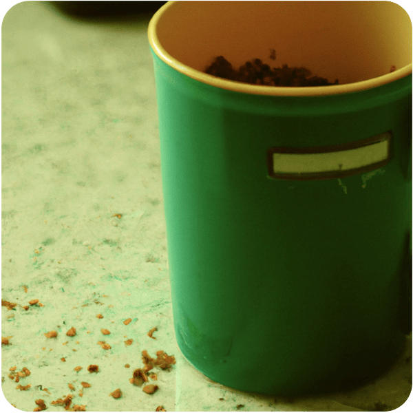 A memory about a mug of instant coffee on a countertop, 35mm