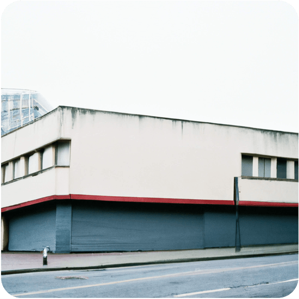A vast empty building on an empty street in Cardiff, Wales, 35mm