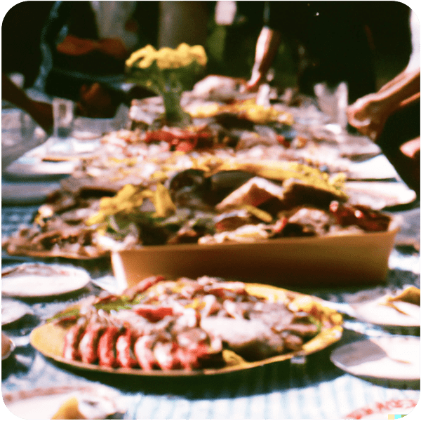 A blurry memory of a family feast outside seen through a summer haze, 35mm