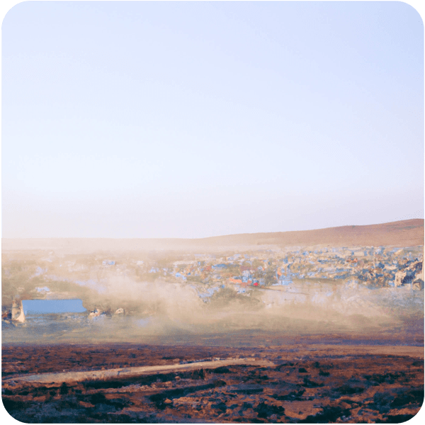 An Icelandic town covered in ashes seen in golden hour lighting, 35mm