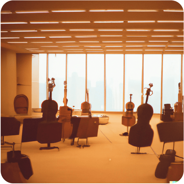 An empty violin repair shop inside a high rise building, 35mm