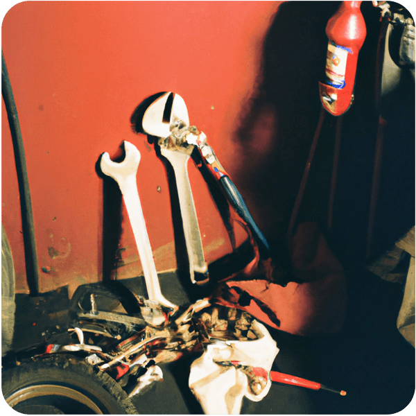 Scene from a memory about gardening tools and mechanical bits off a car in a garage, 35mm