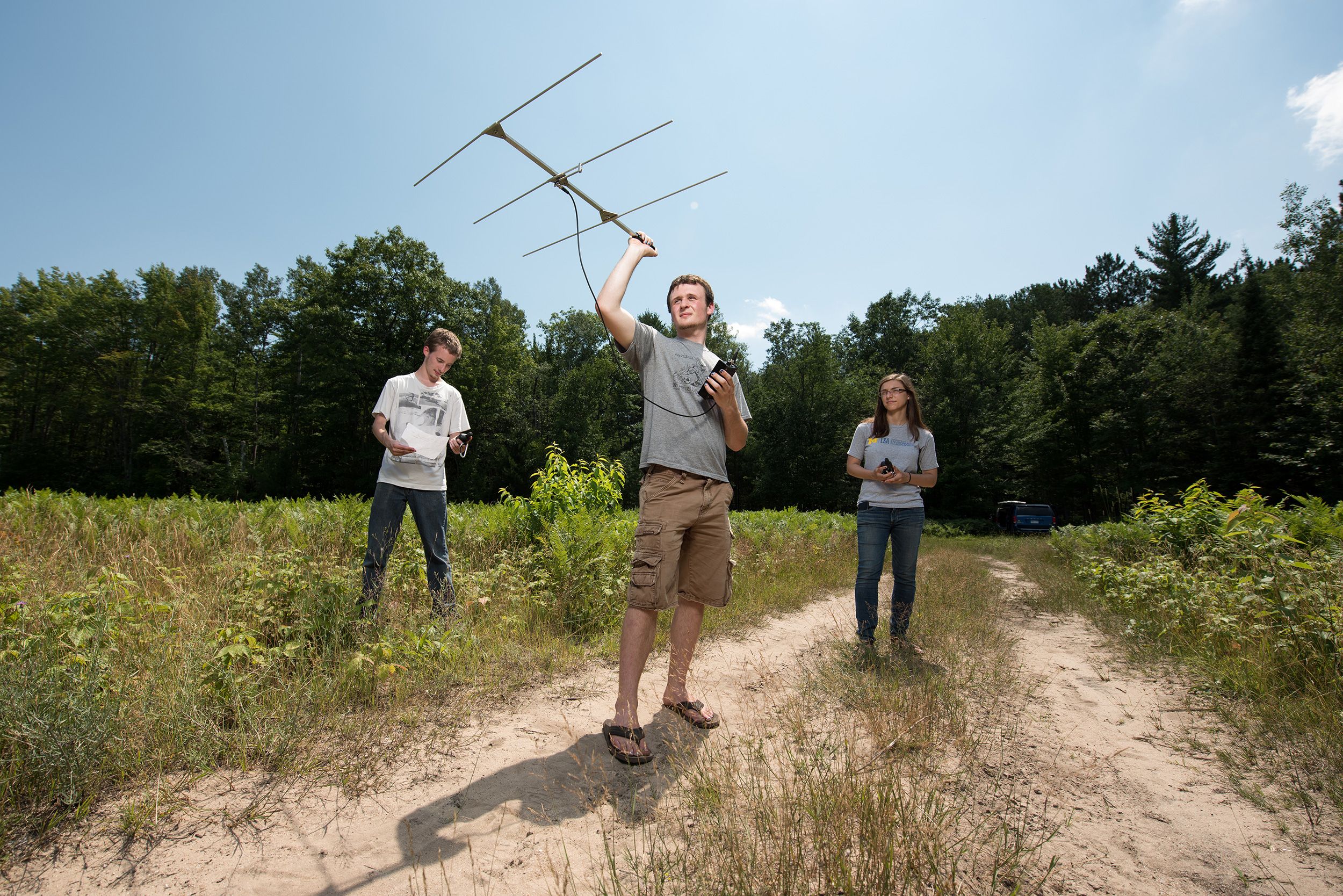 students in a field testing a device