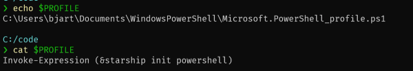 Shows how to type "echo $PROFILE" in PowerShell