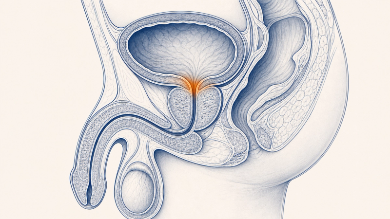 Anatomical illustration of small prostate — sagittal view of lower urinary tract