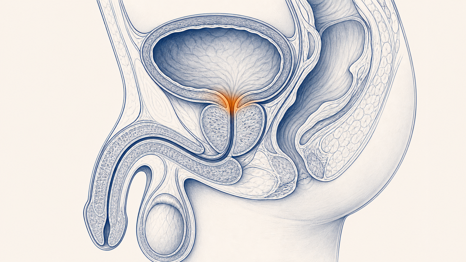 Anatomical illustration of small prostate — sagittal view of lower urinary tract