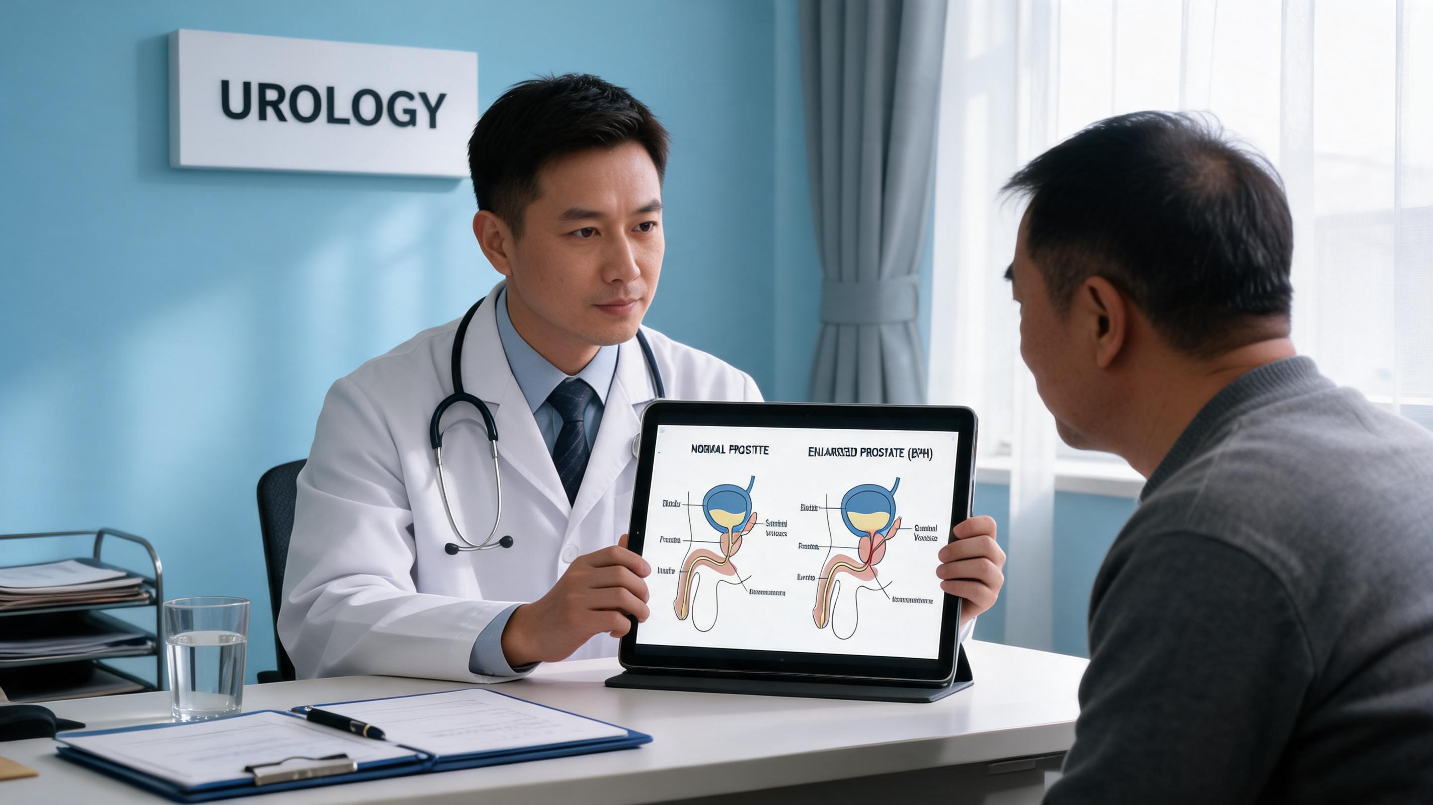 Younger BPH patient consulting with urologist about treatment options