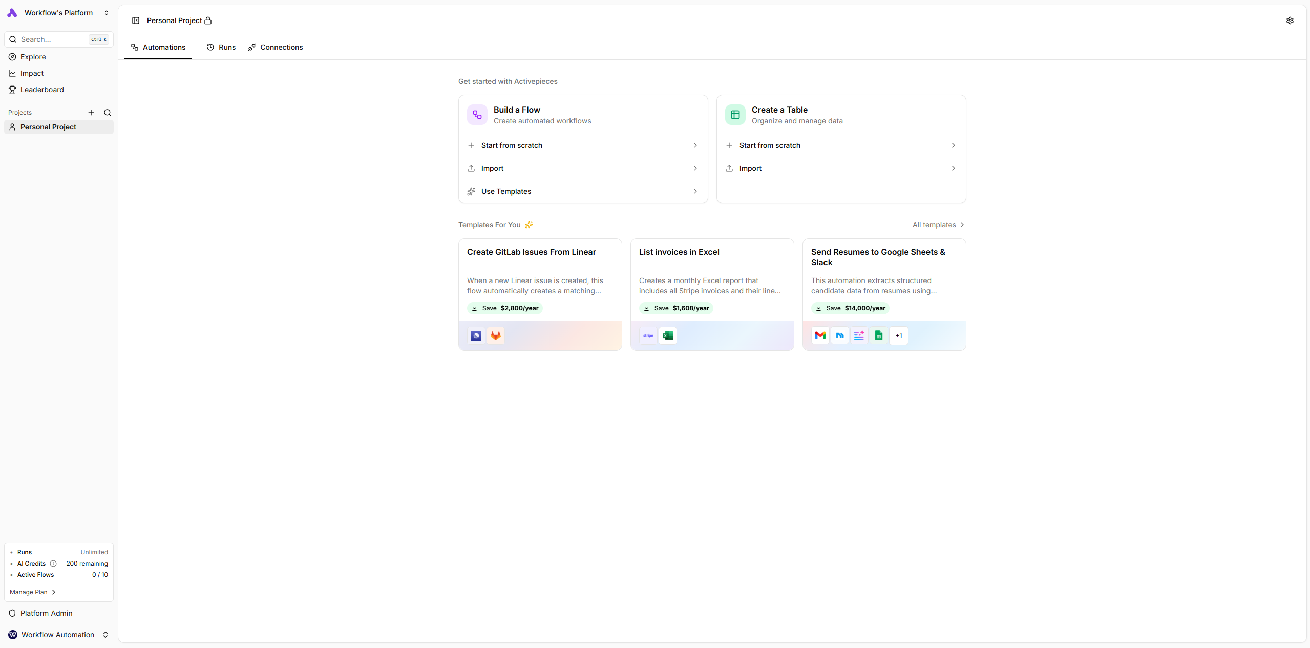 Activepieces dashboard