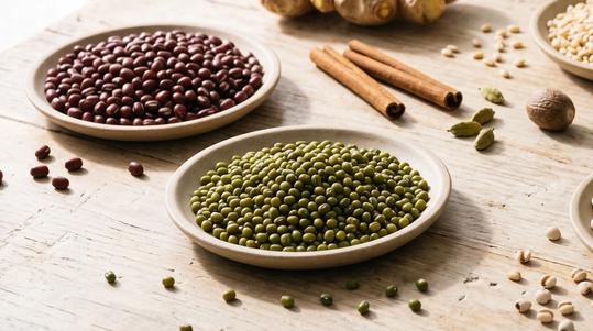 Small plates of aduki beans, mung beans, barley and Job's tears arranged with fresh ginger, garlic, cinnamon sticks and other whole spices on a wooden table.