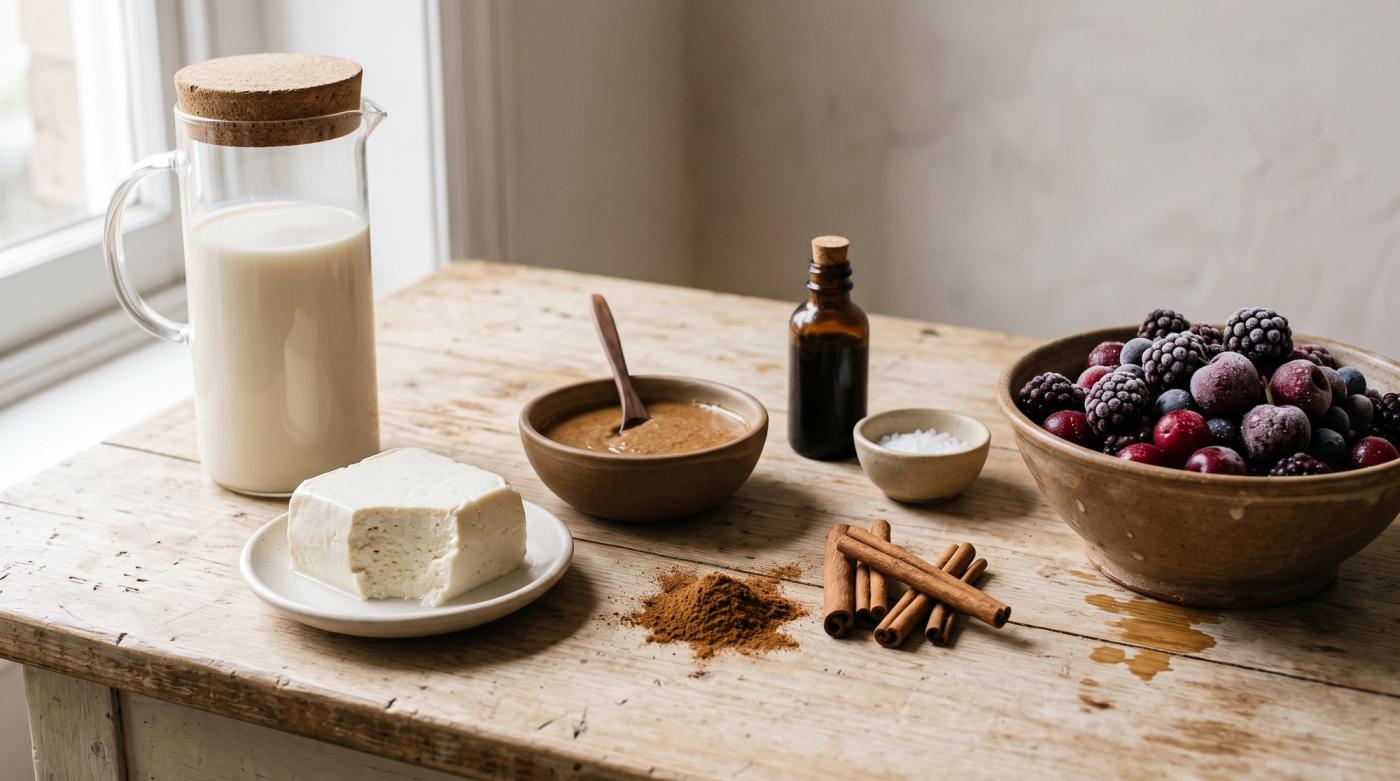 Listed ingredients—berries, almond milk, tofu, almond butter—laid out on a table