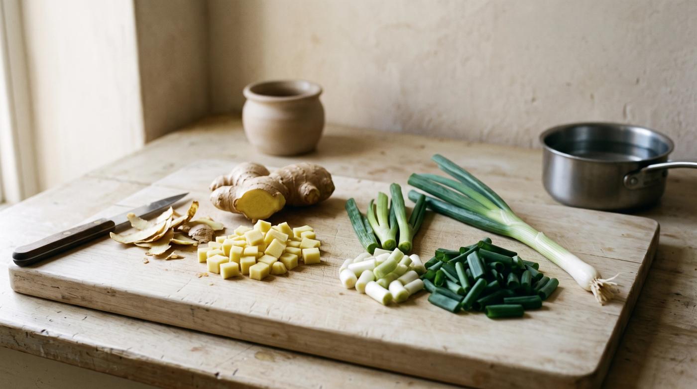 Sliced fresh ginger, whole and diced, beside scallion cut into white and green sections on a wooden board, with a pot behind.