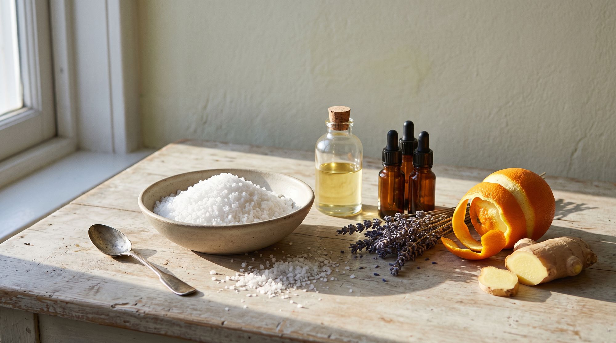 Sea salt, a bottle of almond oil, dropper bottles of essential oil, dried lavender and a peeled orange laid out on a sunlit wooden table.