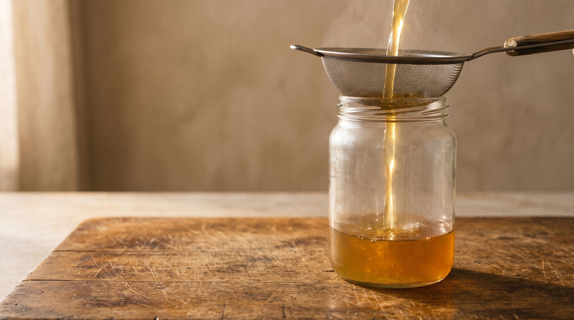 Finished broth being strained through a fine sieve into a glass jar, steam rising as it pours.