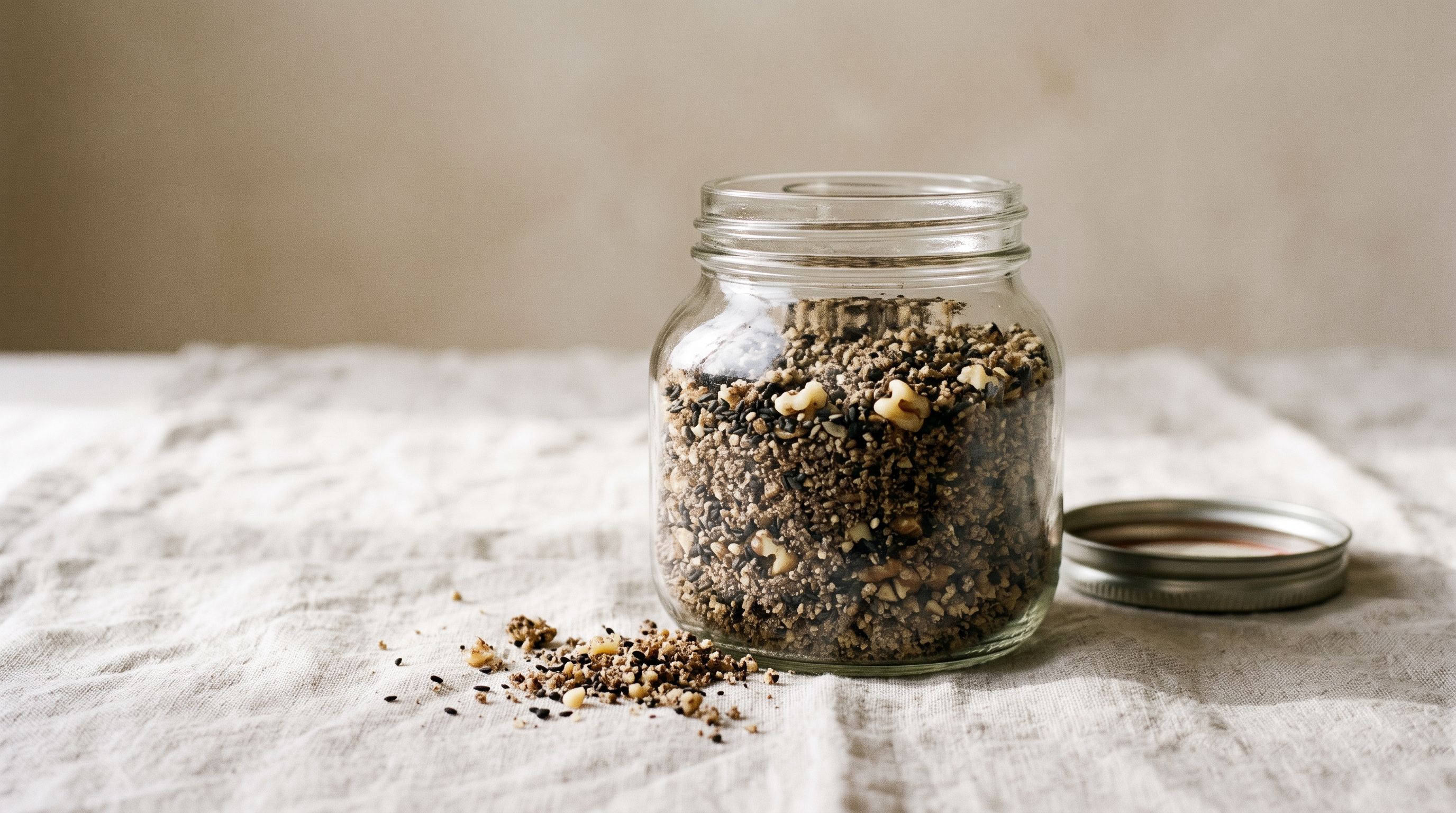 The finished walnut and black sesame topper in an open glass jar, the lid set beside it on linen.