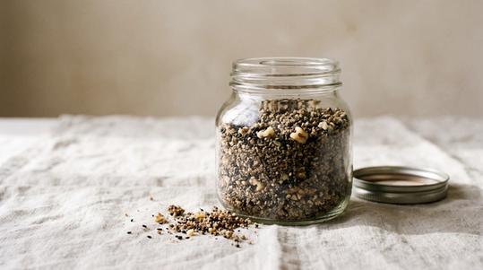 The finished walnut and black sesame topper in an open glass jar, the lid set beside it on linen.