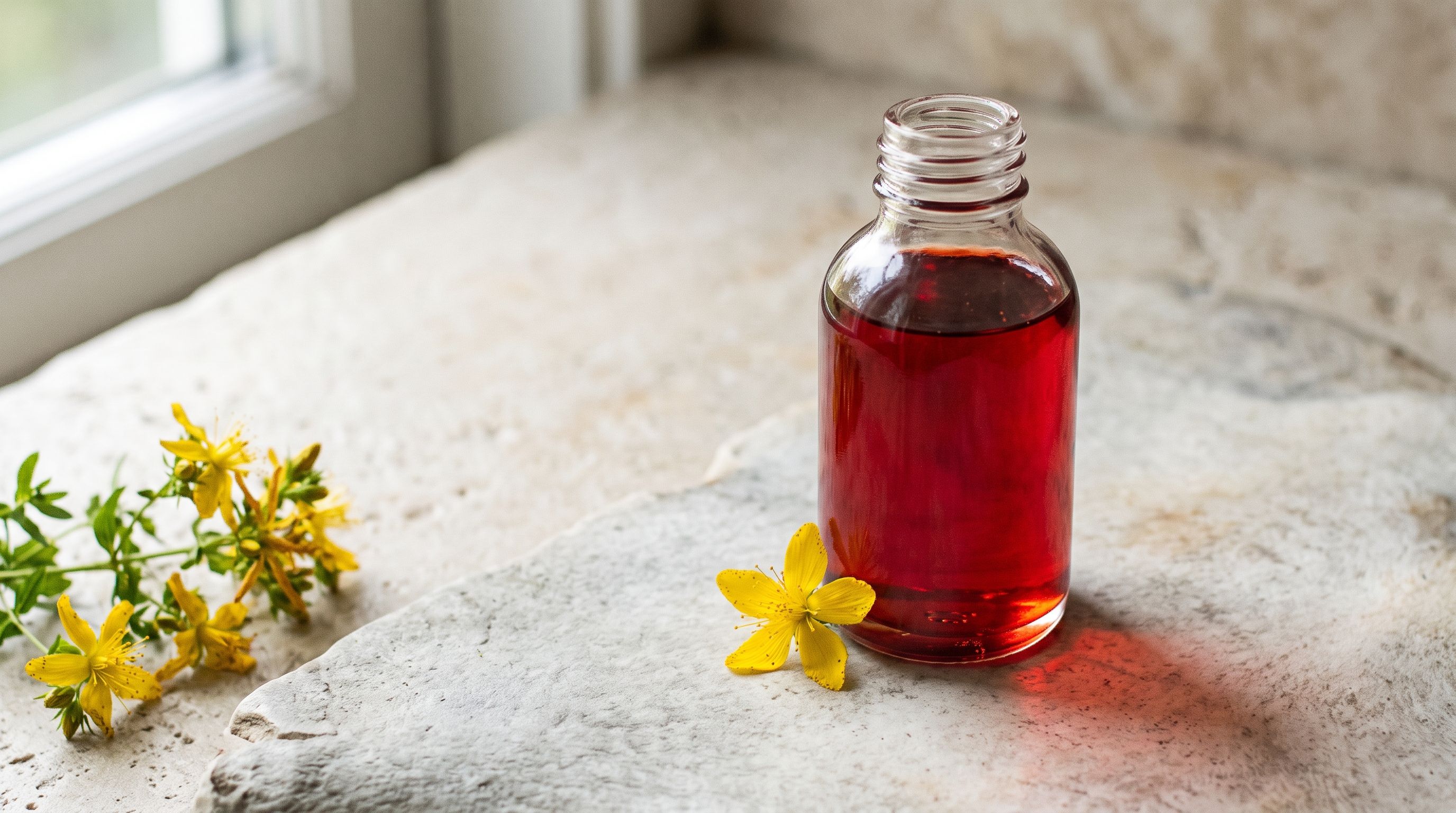 An open glass bottle of deep red St. John's wort oil, with a small yellow flower resting beside it.