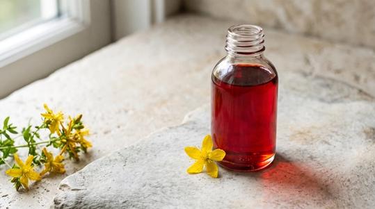 An open glass bottle of deep red St. John's wort oil, with a small yellow flower resting beside it.