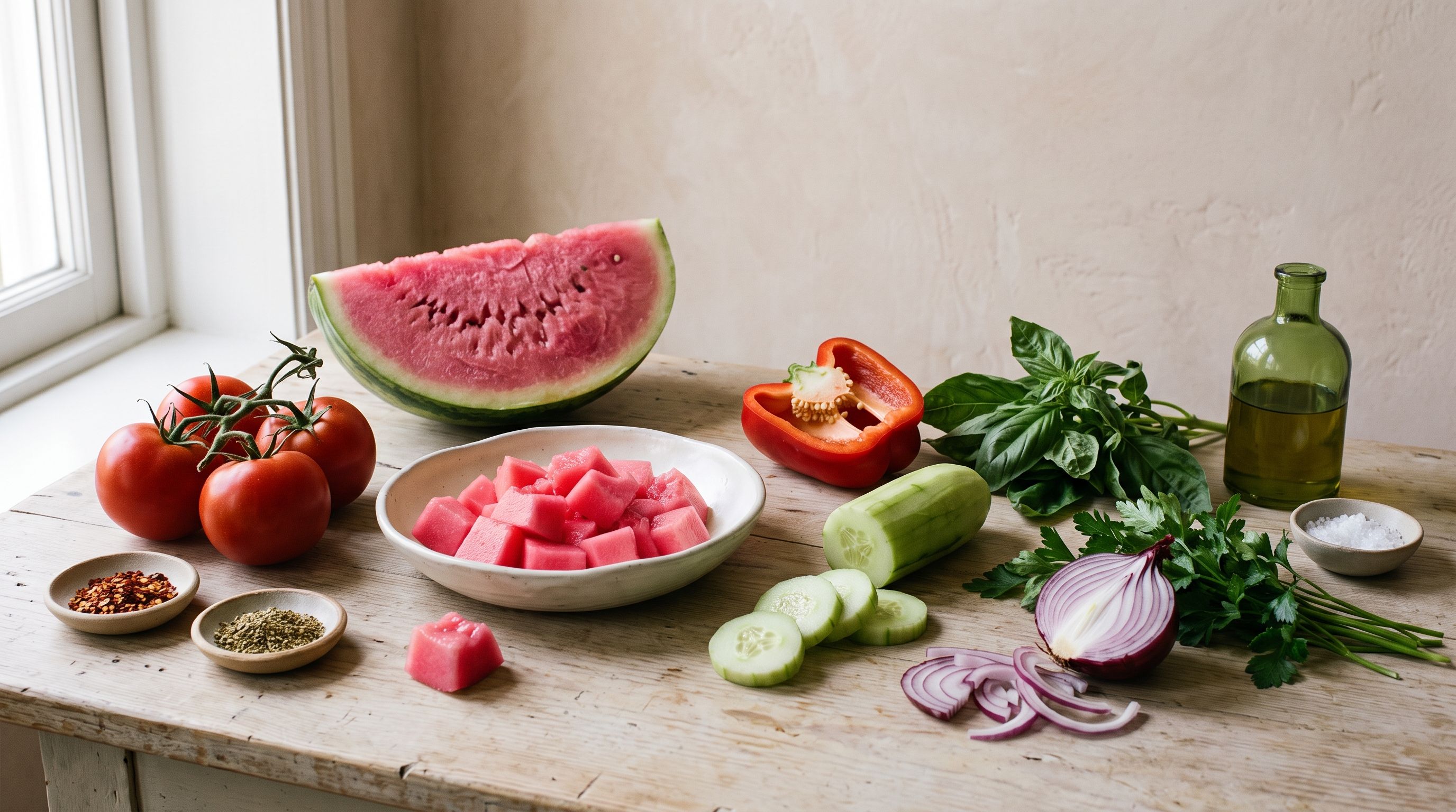Watermelon in a wedge and cubed beside tomatoes, cucumber, red bell pepper and red onion on a wooden table.