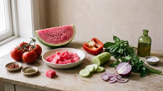 Watermelon in a wedge and cubed beside tomatoes, cucumber, red bell pepper and red onion on a wooden table.