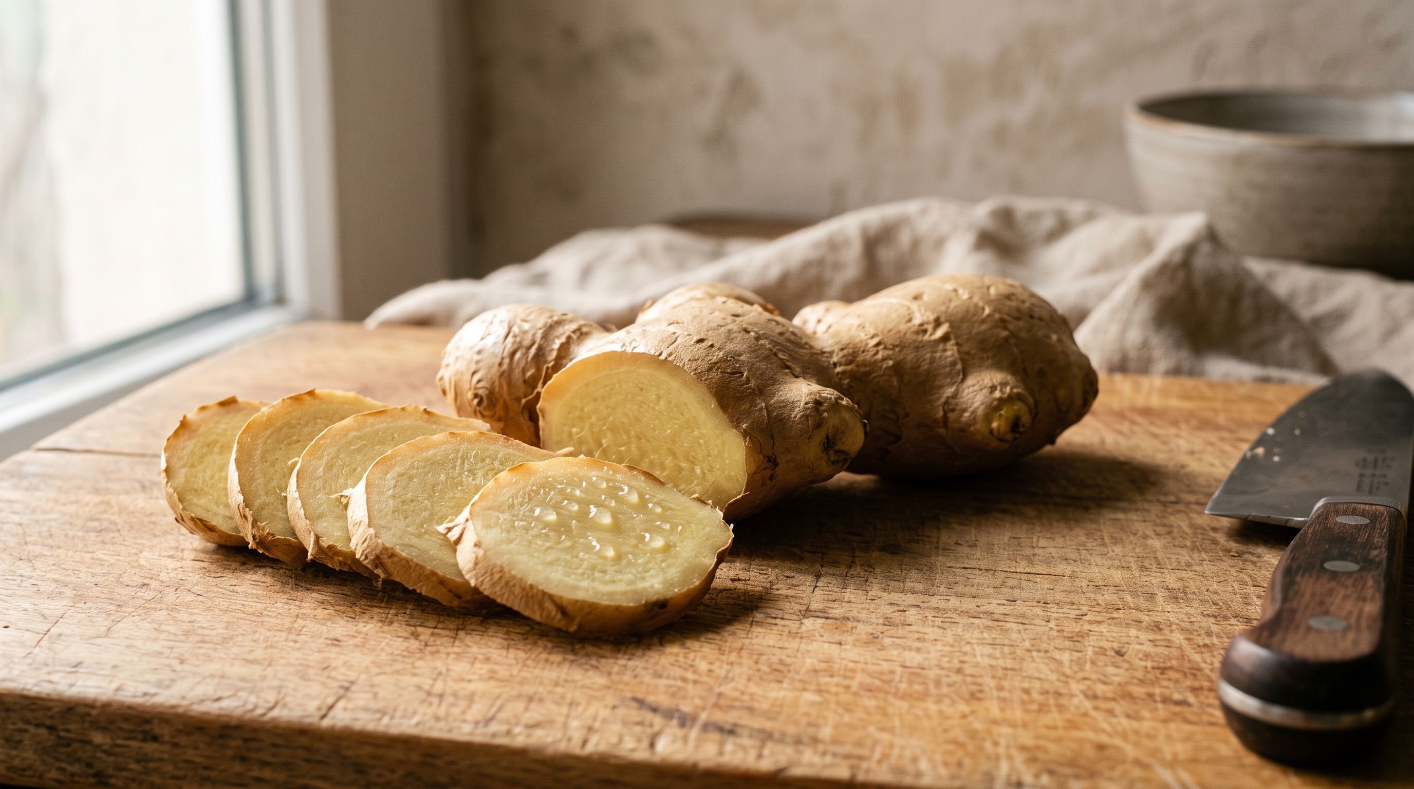 Fresh ginger root, partly sliced into rounds, on a wooden board with a knife.