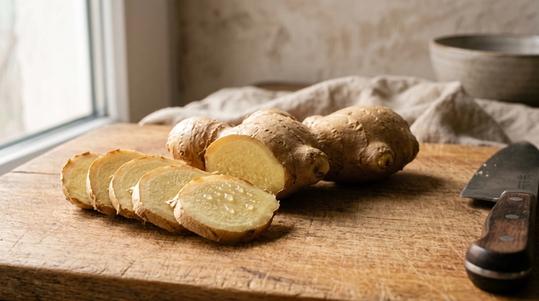 Fresh ginger root, partly sliced into rounds, on a wooden board with a knife.