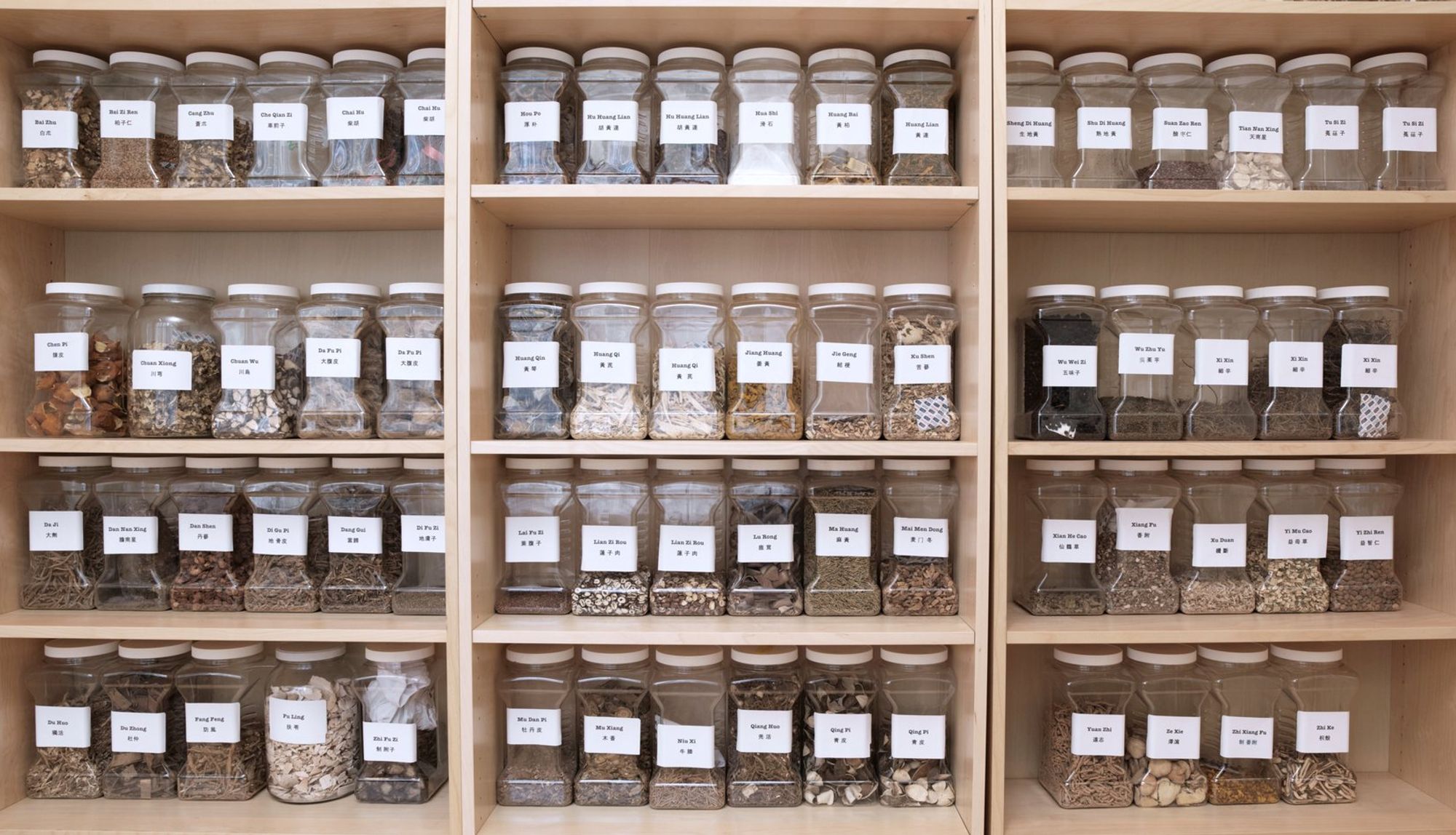 The clinic dispensary, labeled herb jars