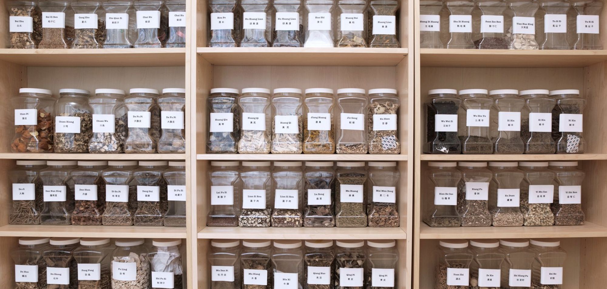 The clinic dispensary, labeled herb jars