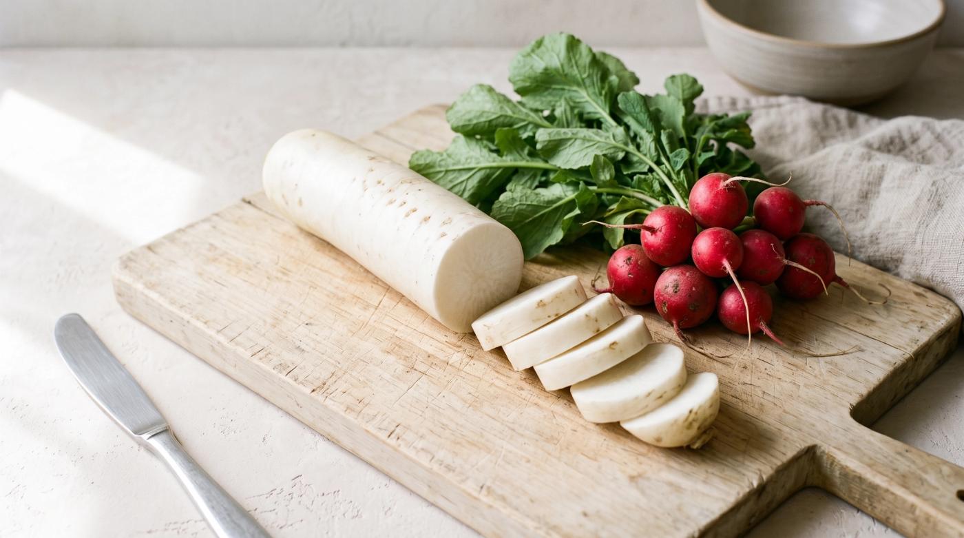 A whole and a sliced daikon radish beside a bunch of red radishes on a wooden cutting board, with a knife alongside.