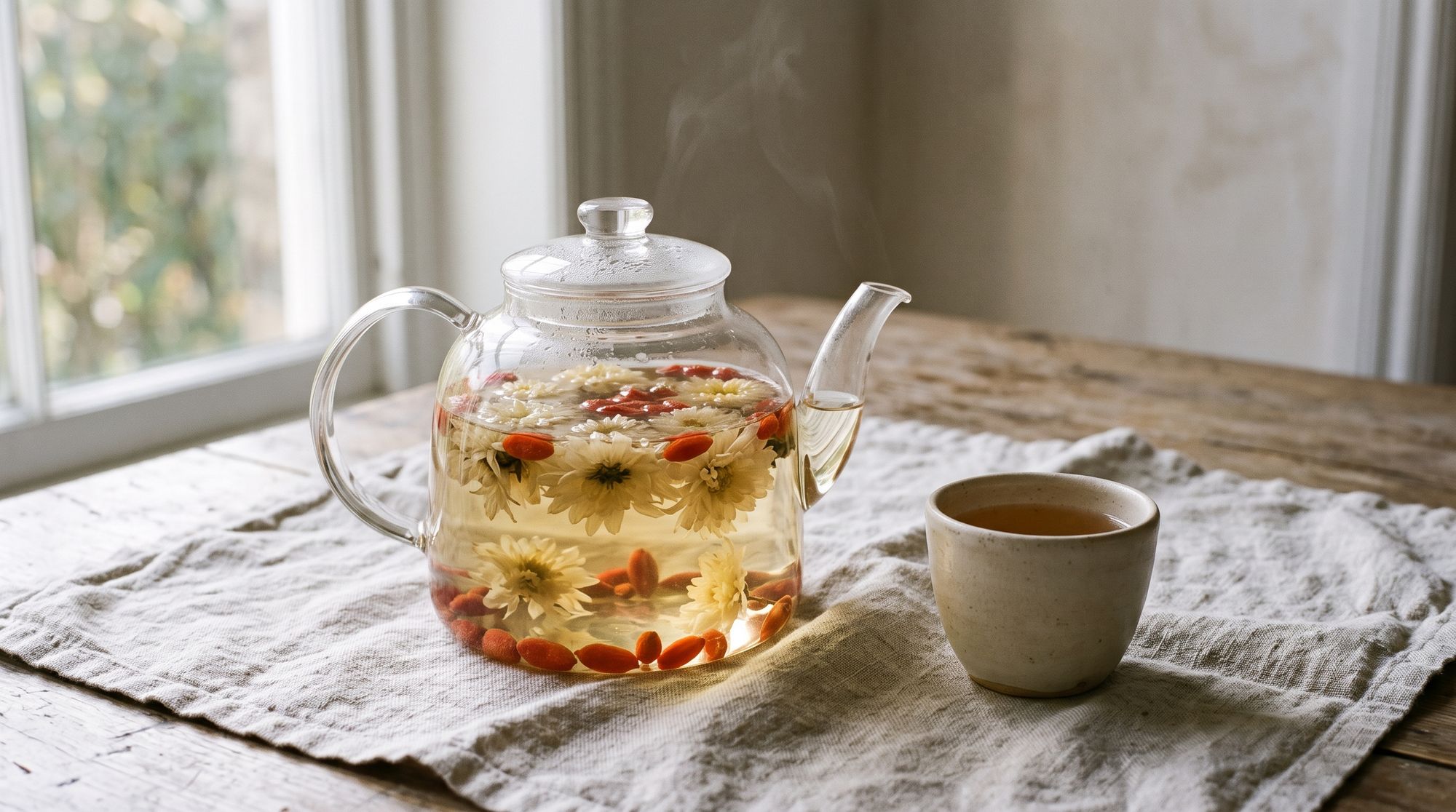 A glass teapot of steeped chrysanthemum and goji berry tea, poured into a small ceramic cup beside it.