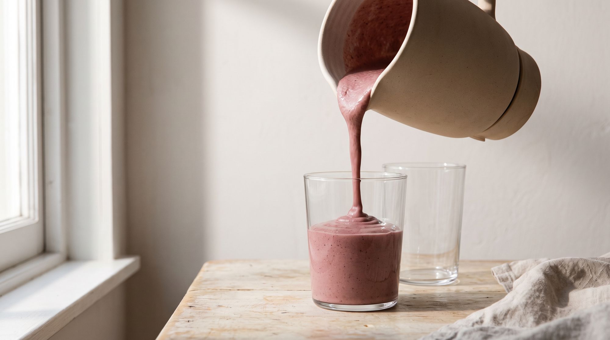 Smoothie being poured from a jug into a glass