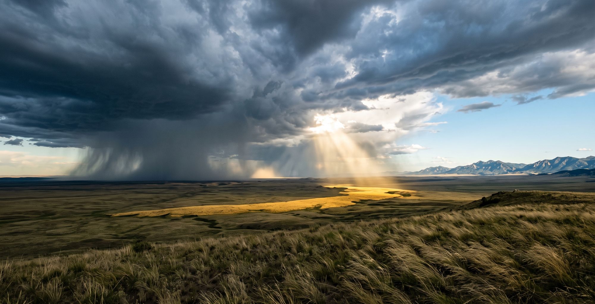 A storm crossing open plains, rain falling in dark columns from the cloudbase while a shaft of sunlight breaks through and lights a band of yellow grass below.