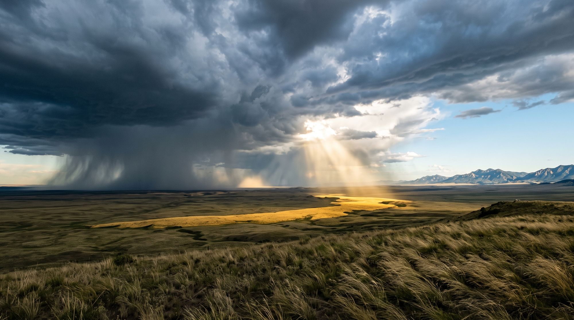 A storm crossing open plains, rain falling in dark columns from the cloudbase while a shaft of sunlight breaks through and lights a band of yellow grass below.