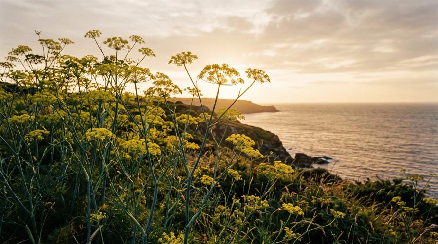 Wild fennel in flower on a clifftop above the sea, its yellow umbels backlit by a low sun.