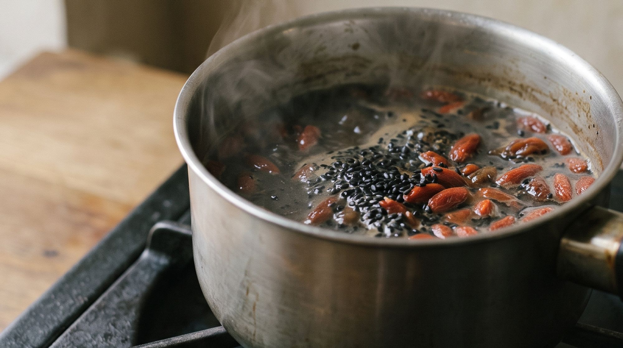 Black sesame seeds and goji berries simmering in a small steel pot on the stove, a thread of steam rising above it.