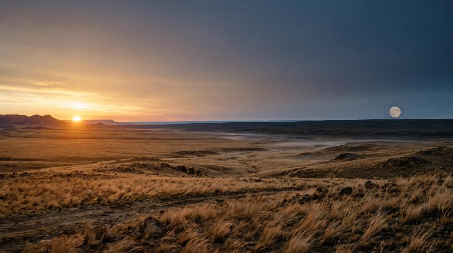 Open grassland running out to a low escarpment at dusk, the sun setting at the left of the frame and a full moon already risen at the right.