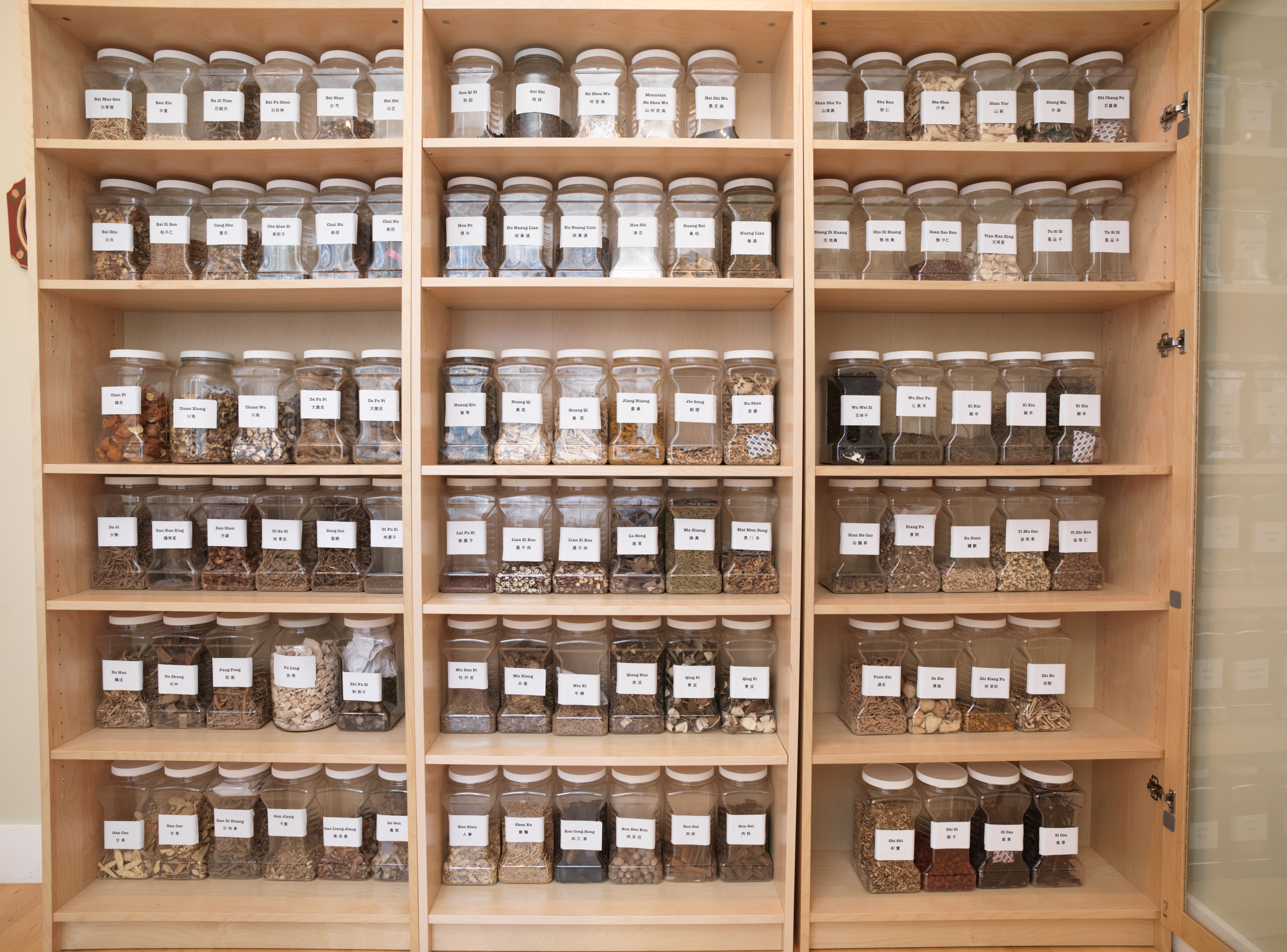 A wall of pale wood shelving filled with labeled glass jars of dried Chinese herbs, four rows deep, each jar named in English and Chinese.