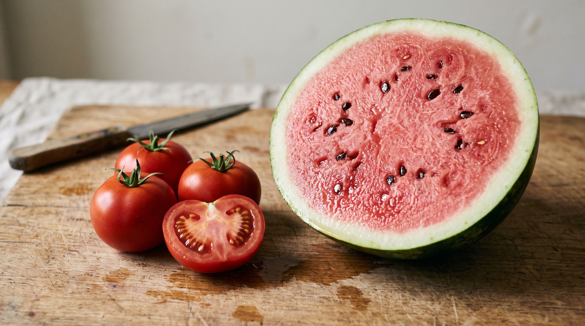 A watermelon half cut face up beside whole and halved tomatoes on a wooden board, with a knife alongside.