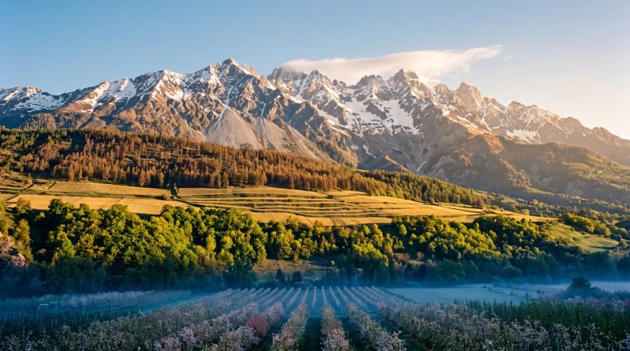 A snow-topped mountain range above terraced meadows and dark stands of pine, with rows of blossoming fruit trees standing in mist along the valley floor at sunrise.