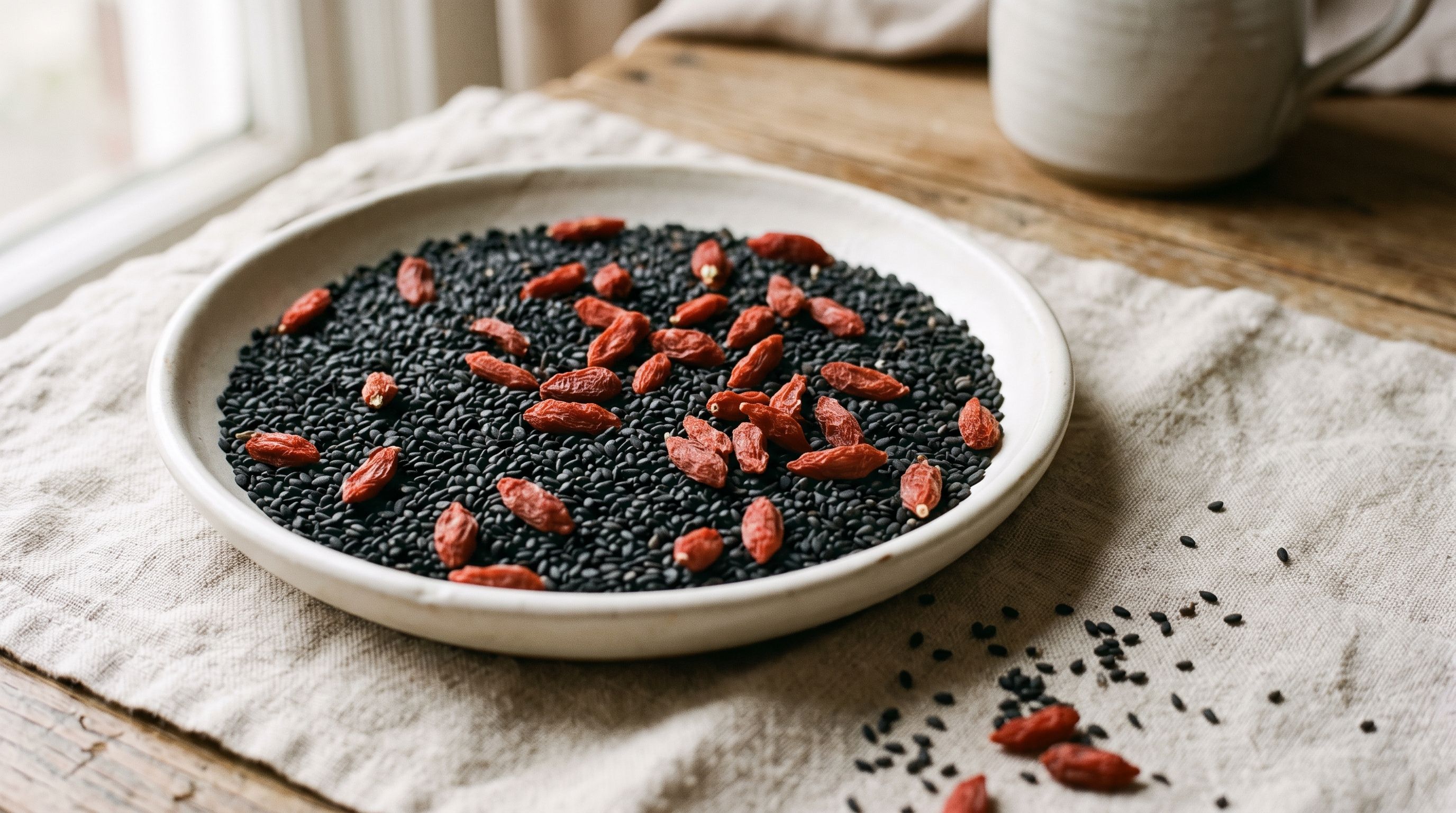 Black sesame seeds and dried goji berries piled on a plate, with a few scattered on the linen beneath and a ceramic mug in the background.
